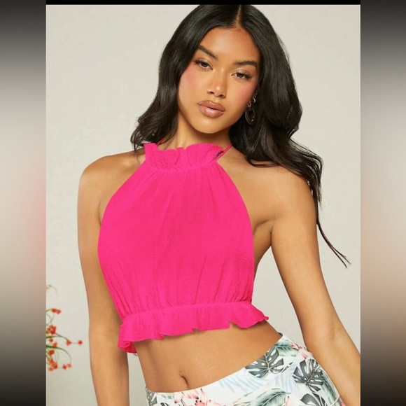 Open Back Ruffle Trim Crop Halter Top - Picture 2 of 6